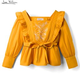 arias by lara dutta Arias Cotton Woven Full Sleeves Top With Floral Embroidery & Frill Detailing - Yellow-picture-22