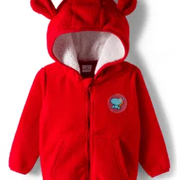 Mark & Mia Knit Full Sleeves Polar Fleece Hooded Sweatjacket With Kangaroo Pockets & Badge Detailing - Red-picture-13