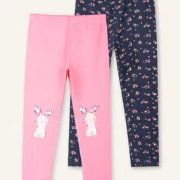 Ariel Cotton Knit Pack Of 2 Floral & Baby Bunny Printed Leggings - Pink & Navy Blue image 1