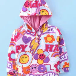 Babyhug Cotton Knit Full Sleeves Hoodie & Lounge Pants Co-Ord Set With Floral & Text Print - Multicolor image 2