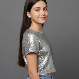 TeenTrums Knit Half Sleeves Sequins Embellished Crop Top - Silver image 4