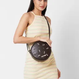 Caprese Dara Brown Faux Leather Embroidered Sling Handbag-picture-17