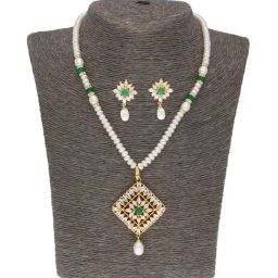 Sri Jagdamba Pearls Green & White Pearl Gold Plated Necklace Set-picture-45