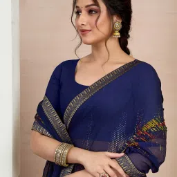 Satrani Navy Blue Chiffon Printed Saree With Unstitched Blouse image 5