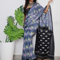 Satrani Grey & Black Cotton Printed Saree With Unstitched Blouse-image-38