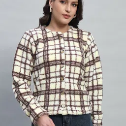 Chemistry Women Checked Mandarin Collar Fur Single Breasted Coat-picture-26