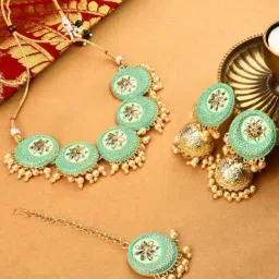 Zaveri Pearls Pastel Green Filigree Design Choker Necklace, Earring & Maangtikka Set-ZPFK9910-picture-15
