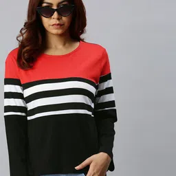 JUNEBERRY Women Red & Black Colourblocked Round Neck Cotton T-shirt with Striped Detail-image-27
