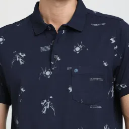 Turtle Navy Knitted Slim Fit Printed Polo T-Shirt image 5