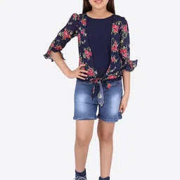 CUTECUMBER Navy Blue Floral Printed Bell Sleeves Chiffon Regular Top image 5