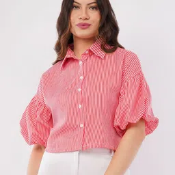 Deshi Girl Women Vertical Stripes Striped Shirt Collar Puff Sleeve Shirt Style Crop Top-image-70