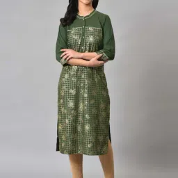Aurelia Women Green Festive Geometric Print Rayon Kurta-image-5