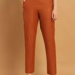 CORSICA Women Ethnic Motifs Self Design Pure Cotton Tailored Pleated Cigarette Trousers-image-56