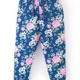 Babyhug Cotton Looper Knit Full Length Lounge Pant Floral Print - Navy Blue-image-74
