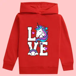 NUSYL Full Sleeves Unicorn Love Printed Hooded Sweatshirt - Red-image-95