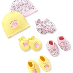 Doodle Poodle Interlock cotton Cap Mittens & Booties with Elephant Print Pack of 2 -Yellow & Pink-picture-11