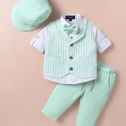 Robo Fry Lycra Knit Full Sleeves 3 Piece Striped Party Suits with Cap & Bow - Light Blue-picture-17