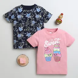 BUMZEE Pack Of 2 Cotton Half Sleeves Floral & Cup Cake Printed Tees - Navy Blue & Pink-picture-42