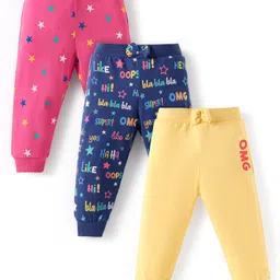 Babyhug Single Jersey Knit Full Length Lounge Pants with Bow Applique & Text Print Pack of 3 - Pink Navy Blue & Yellow-picture-33