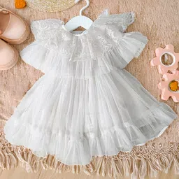 Bella Moda Net Sleeveless Sequins Embellished Cape Style Dress - White-image-2