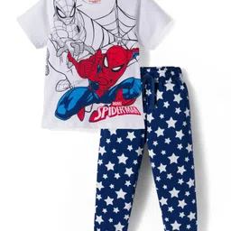 Pine Kids Marvel Single Jersey Knit Half Sleeves Night Suit With Spiderman Graphics - White & Navy Blue-picture-34
