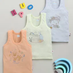 BUMZEE Cotton Pack Of 3 Sleeveless Baby Animals Printed Vests - Orange & Lime Green-picture-29