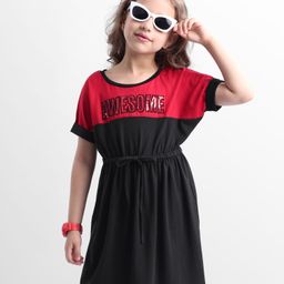 Hola Bonita Cotton Jersey Knit Half Sleeve Dress With Awesome Sequin Text Print - Red & Black-picture-27