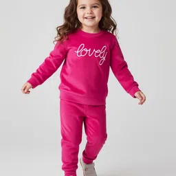 Babyhug Velour Woven Full Sleeves Sweatshirt & Lounge Pant Set with Text Embroidery - Pink-image-0