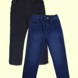 Kiddopanti Denim Woven Pack Of 2 Solid & Washed Jeans - Black & Blue-picture-32