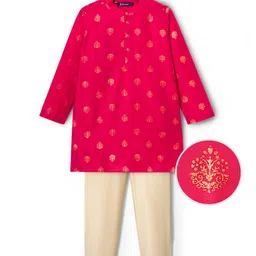 Pine Kids Woven Full Sleeves Kurta Pajama Set With Floral Foil Print - Red-picture-14