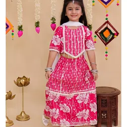 AJ Dezines Cotton Woven Navratri Theme THree Fourth Sleeves Abstract Printed & Gota Lace Embellished Lehenga Choli With Dupatta Set - Pink-picture-29