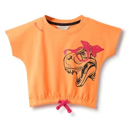 Tales & Stories Cotton Lycra Knit Half Sleeves Dinosaur Printed Crop Tee - Orange-picture-16