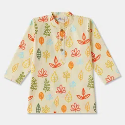 Desi Soota Cotton Woven Full Sleeves Leaves Printed Kurta Pyjama Set - Yellow image 4