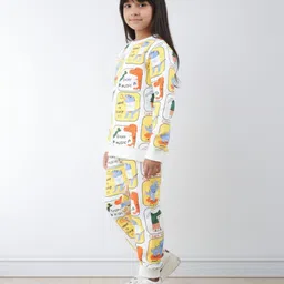 Anthrilo Fleece Knit Full Sleeves Dinosaur Comics Printed Coordinating Winter Sweatshirt & Jogger Set - Off White image 4