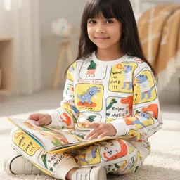 Anthrilo Fleece Knit Full Sleeves Dinosaur Comics Printed Coordinating Winter Sweatshirt & Jogger Set - Off White image 5