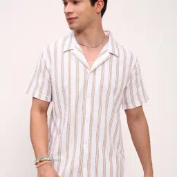 Showoff White Cotton Relaxed Fit Striped Shirt-image-43