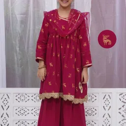 Little Bansi Girls Red Cotton Three Fourth Sleeves Angrakha Kurta With Sharara And Net Dupatta image 5