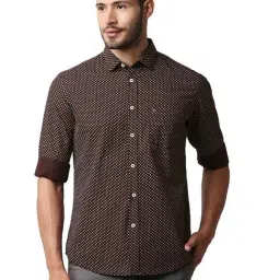 Basics Brown Cotton Slim Fit Printed Shirt-image-60