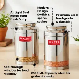 HAZEL Silver Stainless Steel Transparent Airtight Storage Jar Set of 2 - (2500 ml) image 4