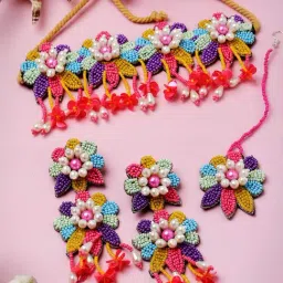 Moedbuille Pearls & Beads Studded Handcrafted Floral Design Contemporary Tasselled Jewellery Set-image-21