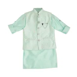 Cavio Kids Sea Green Cotton Embroidered Full Sleeves Kurta Set image 5