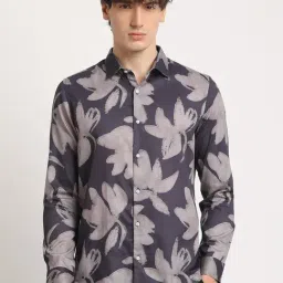 The Bear House Navy Cotton Slim Fit Floral Print Shirt-image-12