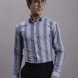 Jainish Blue Cotton Regular Fit Striped Shirt-image-9