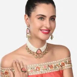 Zaveri Pearls Pink Stones & Green Beads Pearls Choker Necklace Earring & Ring Set-ZPFK14834-image-50
