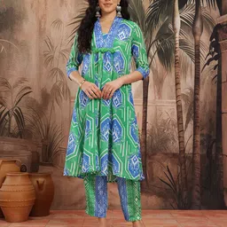 Sangria Ethnic Motifs Print A-Line Kurta with Trousers image 2