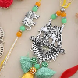 Aapno Rajasthan Silver Oxidised Elephant Resham Bhaiya Bhabhi Rakhi Set-picture-46