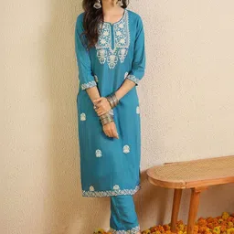 Indo Era Women Ethnic Motifs Embroidered Regular Thread Work Kurta with Trousers-picture-12