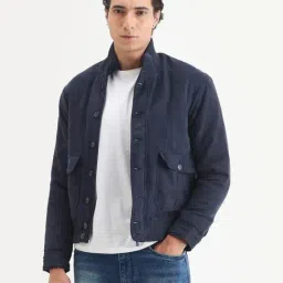 Rare Rabbit Deue Navy Blue Polyester Ribbed Collar Regular Fit Plain Jacket-picture-21