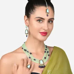 Zaveri Pearls Green Purple Multistrand Austrian Diamonds Necklace Earring Maangtikka Ring-ZPFK14602-image-58