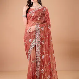 devkison Designer Floral Embroidered Net Saree image 5